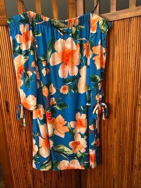 Vince Camuto Blue Floral Strapless Dress with Peach & Green Accents